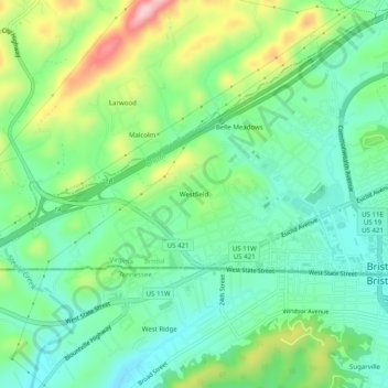 Mappa topografica Westfield, altitudine, rilievo