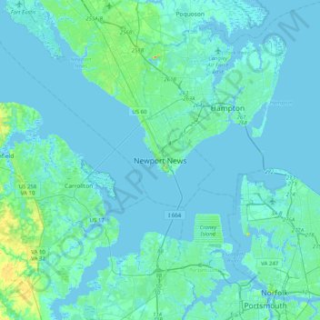 Mappa topografica Newport News, altitudine, rilievo