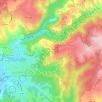 Mappa topografica Travassac, altitudine, rilievo