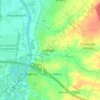 Mappa topografica Rugy, altitudine, rilievo