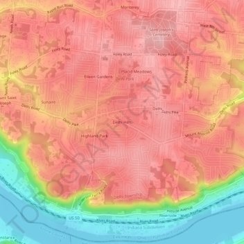 Mappa topografica Delhi Hills, altitudine, rilievo