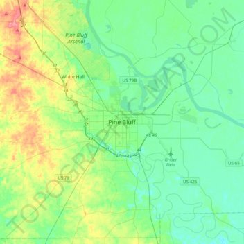 Mappa topografica Pine Bluff, altitudine, rilievo