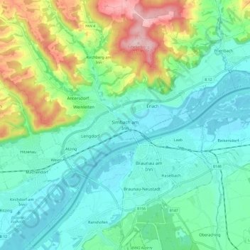 Mappa topografica Simbach am Inn, altitudine, rilievo