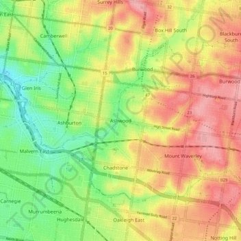 Mappa topografica Ashwood, altitudine, rilievo