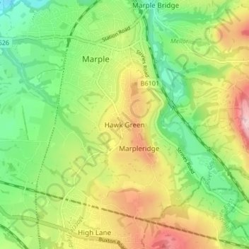 Mappa topografica Hawk Green, altitudine, rilievo
