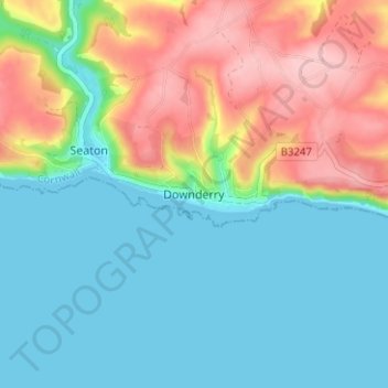 Mappa topografica Downderry, altitudine, rilievo