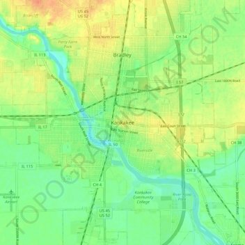 Mappa topografica Kankakee, altitudine, rilievo