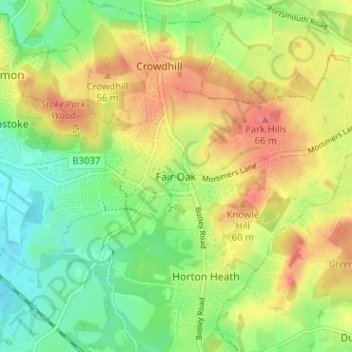 Mappa topografica Fair Oak, altitudine, rilievo