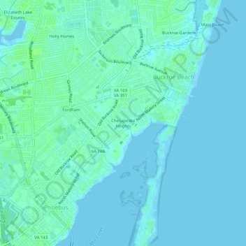 Mappa topografica Chesapeake Heights, altitudine, rilievo