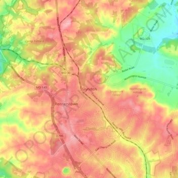 Mappa topografica Glyndon, altitudine, rilievo