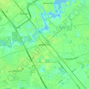 Mappa topografica League City, altitudine, rilievo