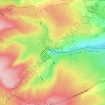 Mappa topografica Dunford Bridge, altitudine, rilievo