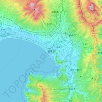 Mappa topografica Numazu, altitudine, rilievo