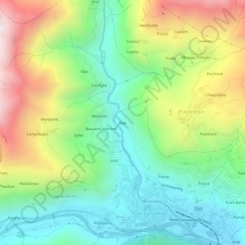 Mappa topografica Raje, altitudine, rilievo