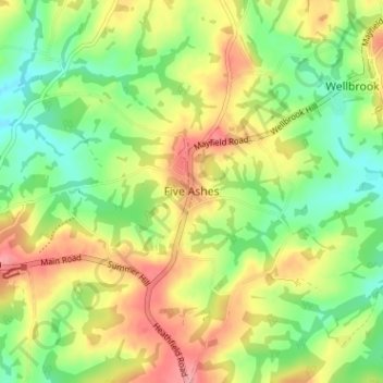 Mappa topografica Five Ashes, altitudine, rilievo