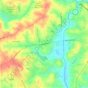 Mappa topografica Pfafftown, altitudine, rilievo