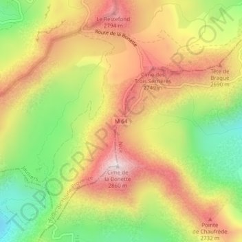 Mappa topografica Col de la Bonette, altitudine, rilievo