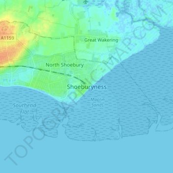 Mappa topografica Shoeburyness, altitudine, rilievo