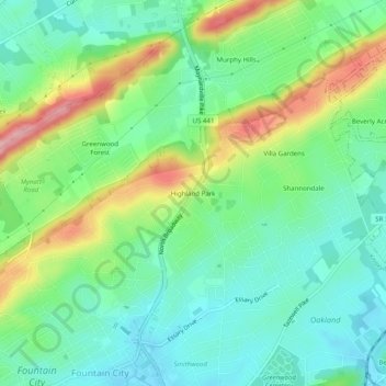 Mappa topografica Highland Park, altitudine, rilievo