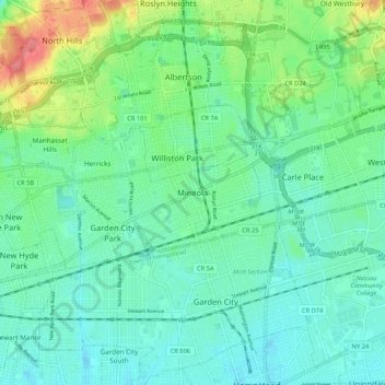 Mappa topografica Mineola, altitudine, rilievo