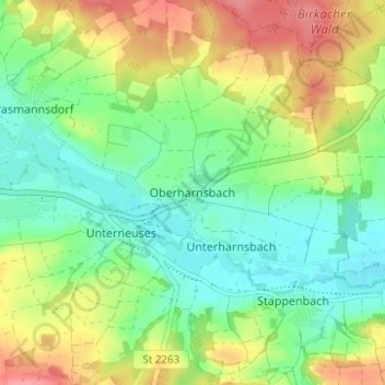 Mappa topografica Oberharnsbach, altitudine, rilievo