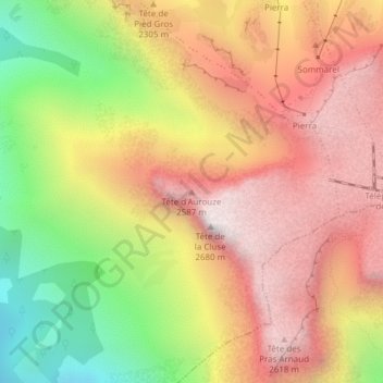 Mappa topografica Tête d'Aurouze, altitudine, rilievo