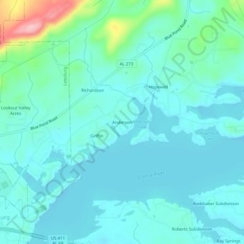 Mappa topografica Anderson, altitudine, rilievo