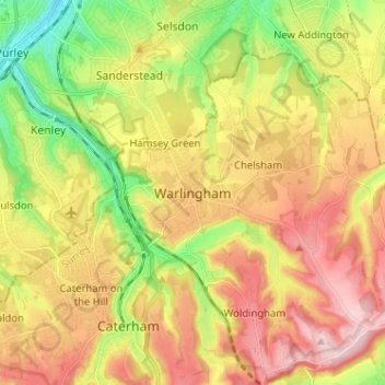 Mappa topografica Warlingham, altitudine, rilievo