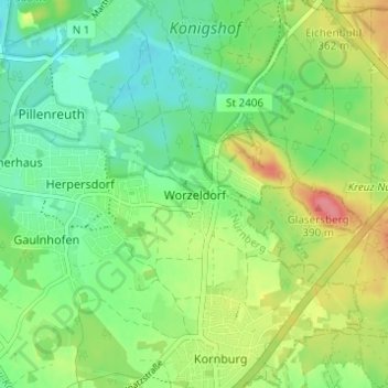 Mappa topografica Worzeldorf, altitudine, rilievo