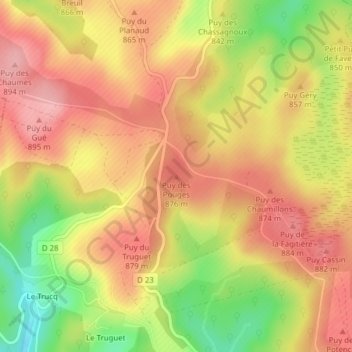 Mappa topografica Puy des Pouges, altitudine, rilievo