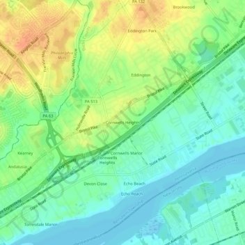 Mappa topografica Cornwells Heights, altitudine, rilievo