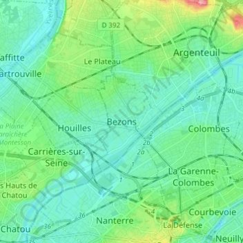 Mappa topografica Bezons, altitudine, rilievo
