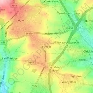 Mappa topografica Scholes, altitudine, rilievo