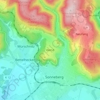 Mappa topografica Wehd, altitudine, rilievo