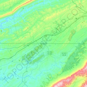 Mappa topografica Bristol, altitudine, rilievo