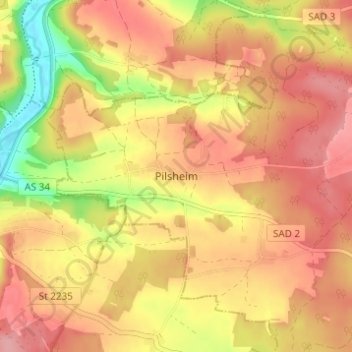 Mappa topografica Pilsheim, altitudine, rilievo