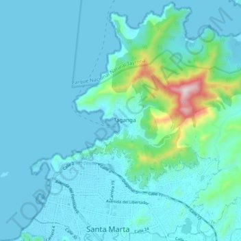 Mappa topografica Taganga, altitudine, rilievo