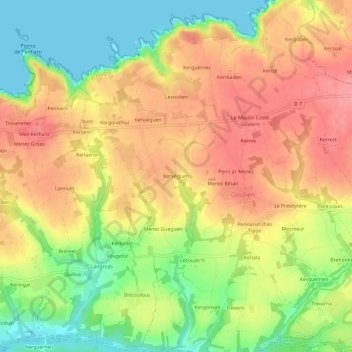 Mappa topografica Kervéguen, altitudine, rilievo