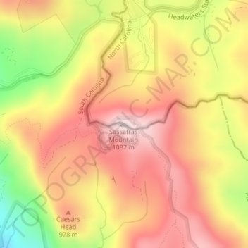 Mappa topografica Sassafras Mountain, altitudine, rilievo