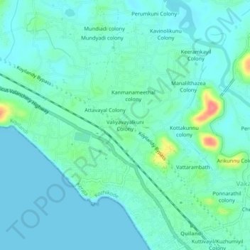 Mappa topografica Valiyavayalkuni Colony, altitudine, rilievo