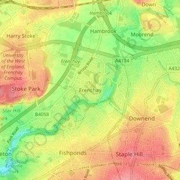 Mappa topografica Frenchay, altitudine, rilievo