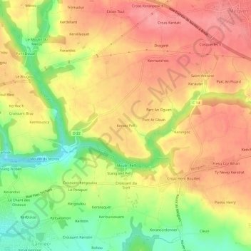 Mappa topografica Kervez Pell, altitudine, rilievo