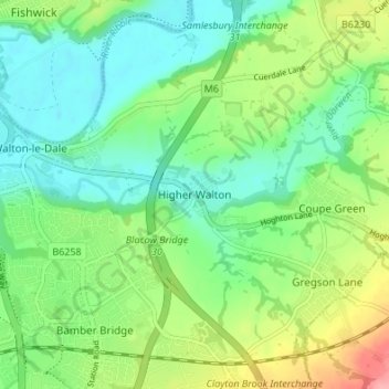 Mappa topografica Higher Walton, altitudine, rilievo