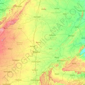 Mappa topografica Bhilwara, altitudine, rilievo
