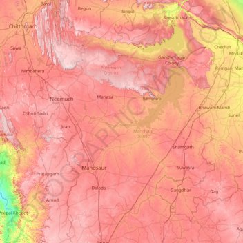 Mappa topografica Mandsaur, altitudine, rilievo