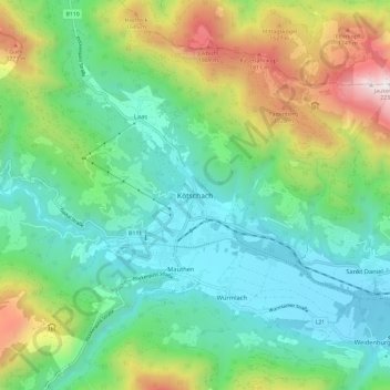 Mappa topografica Kötschach, altitudine, rilievo