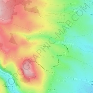 Mappa topografica Bressanges, altitudine, rilievo
