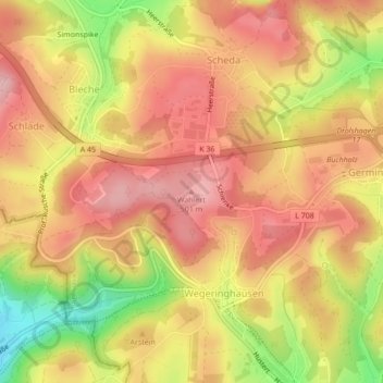 Mappa topografica Wahlert, altitudine, rilievo