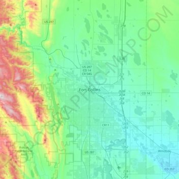 Mappa topografica Fort Collins, altitudine, rilievo