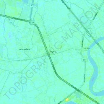 Mappa topografica Bang Wua, altitudine, rilievo